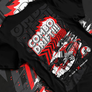 Black T-shirt laid flat with natural fabric folds, featuring racing drift jdm street performance motorsport automotive graphic.
