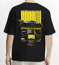 Black T-shirt worn by a male model, back view, featuring Chevrolet Corvette gt3 rs racing motorsport street performance graphic.