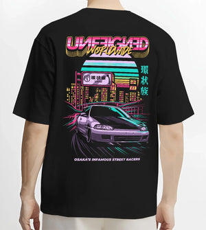 Black T-shirt worn by a male model, back view, featuring Honda Crx rs race motorsport jdm street retro vintage classic graphic.