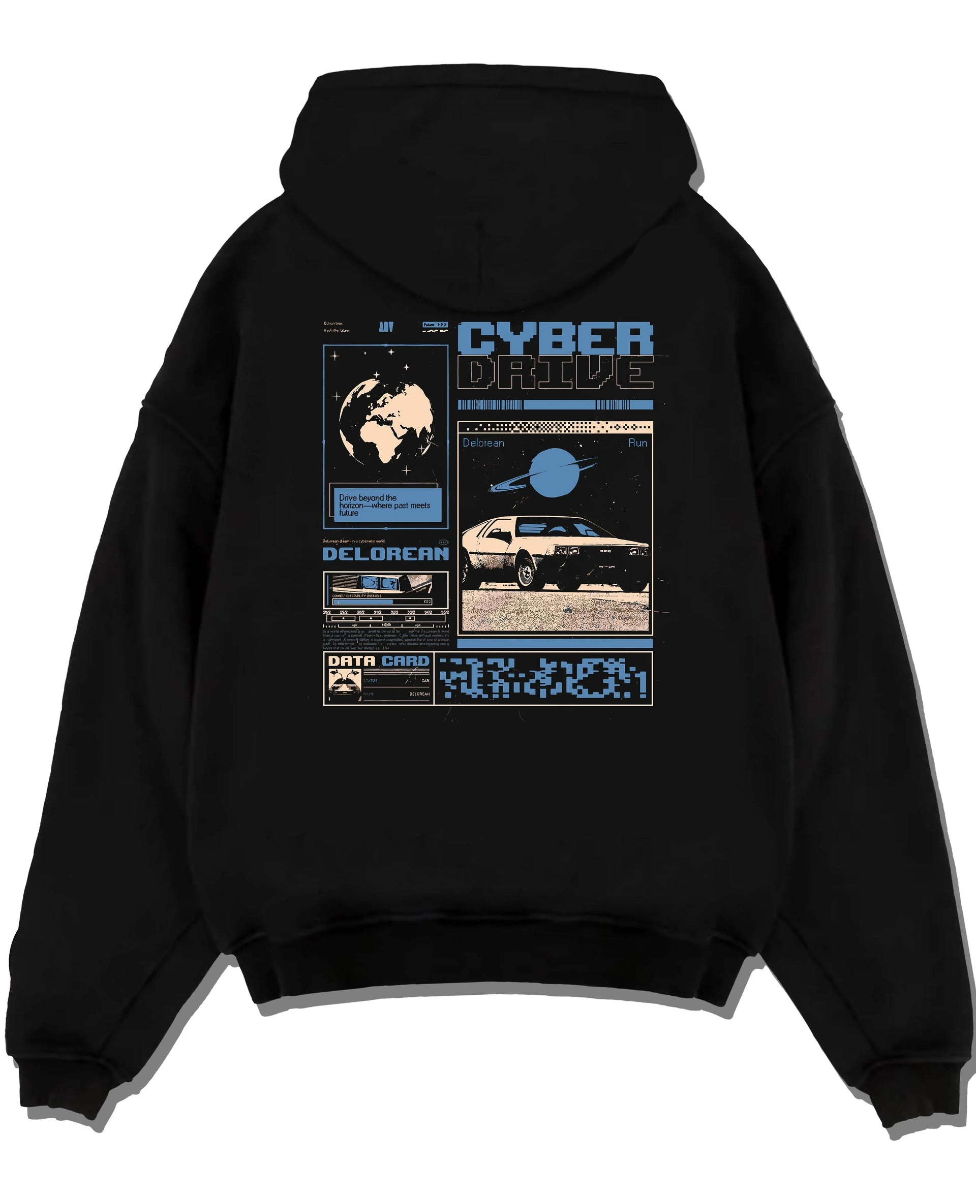 Black pullover hoodie laid flat on a white background, featuring DeLorean DMC-12 sti retro classic racing street graphic.