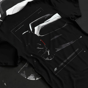 Black T-shirt laid flat with natural fabric folds, featuring Dodge Charger racing muscle street enthusiast performance graphic.