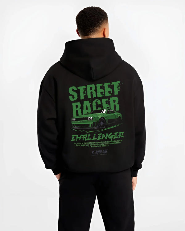 Black hoodie worn by a male model, back view, featuring Dodge Challenger racing race muscle street retro enthusiast graphic.