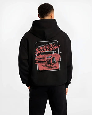 Black hoodie worn by a male model, back view, featuring rs racing drift motorsport street speed performance automotive graphic.