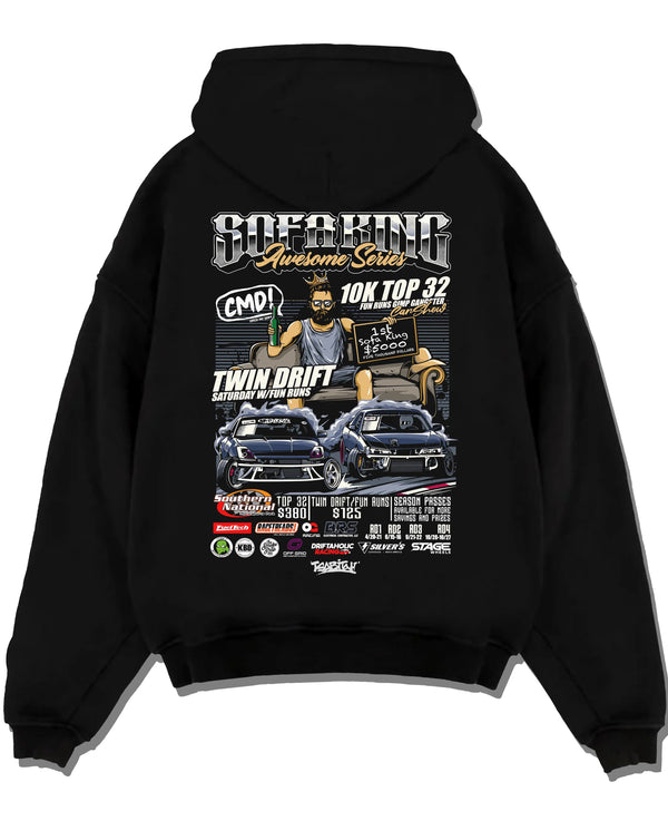 Black pullover hoodie laid flat on a white background, featuring racing drift jdm tuner street enthusiast show performance graphic.
