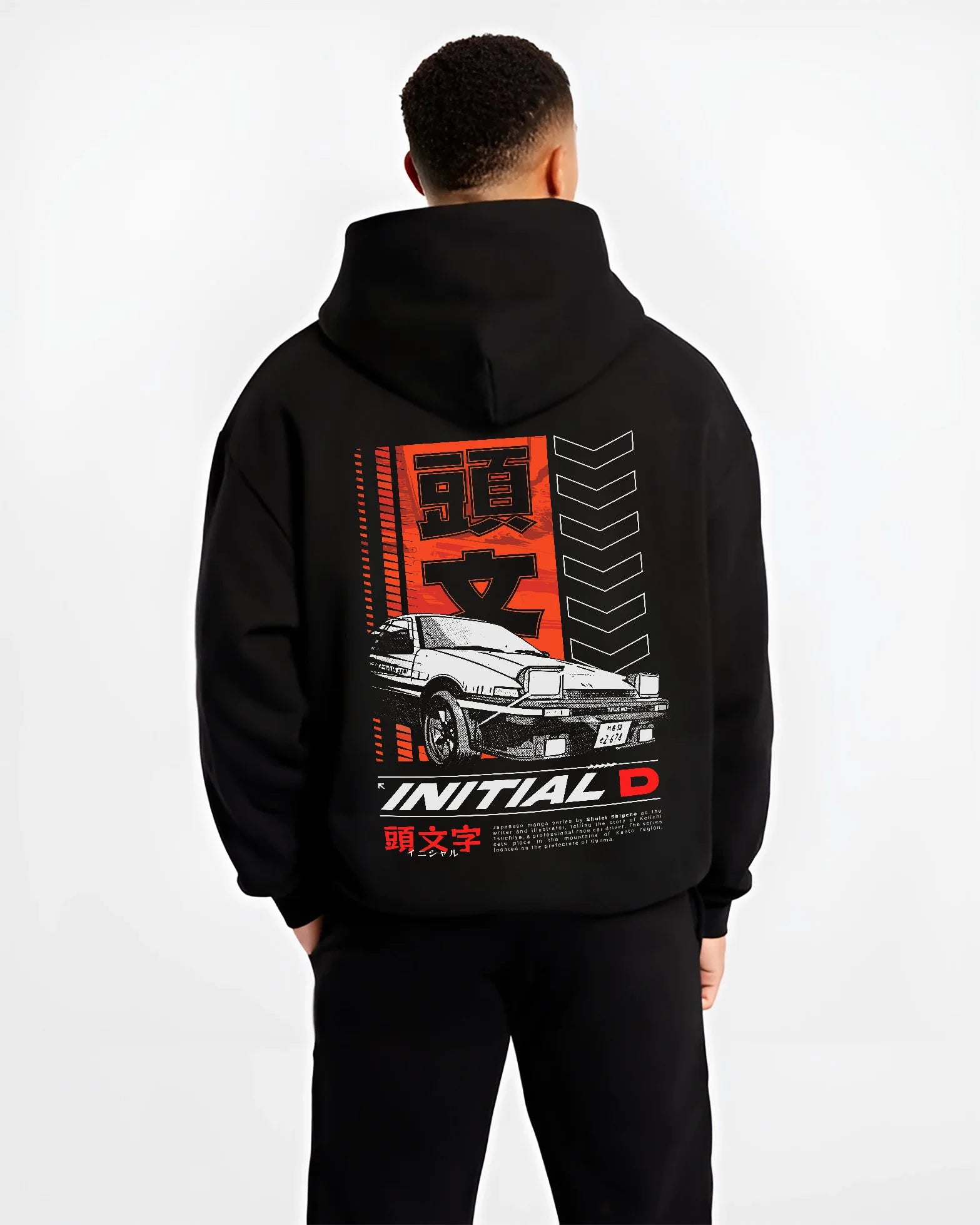 Black hoodie with Initial D AE86 car design on back, retro JDM streetwear for drift and racing fans.