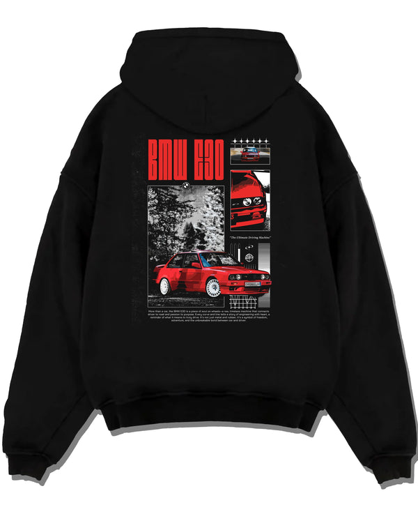 Black pullover hoodie laid flat on a white background, featuring BMW rs turbo racing drift motorsport euro german street graphic.