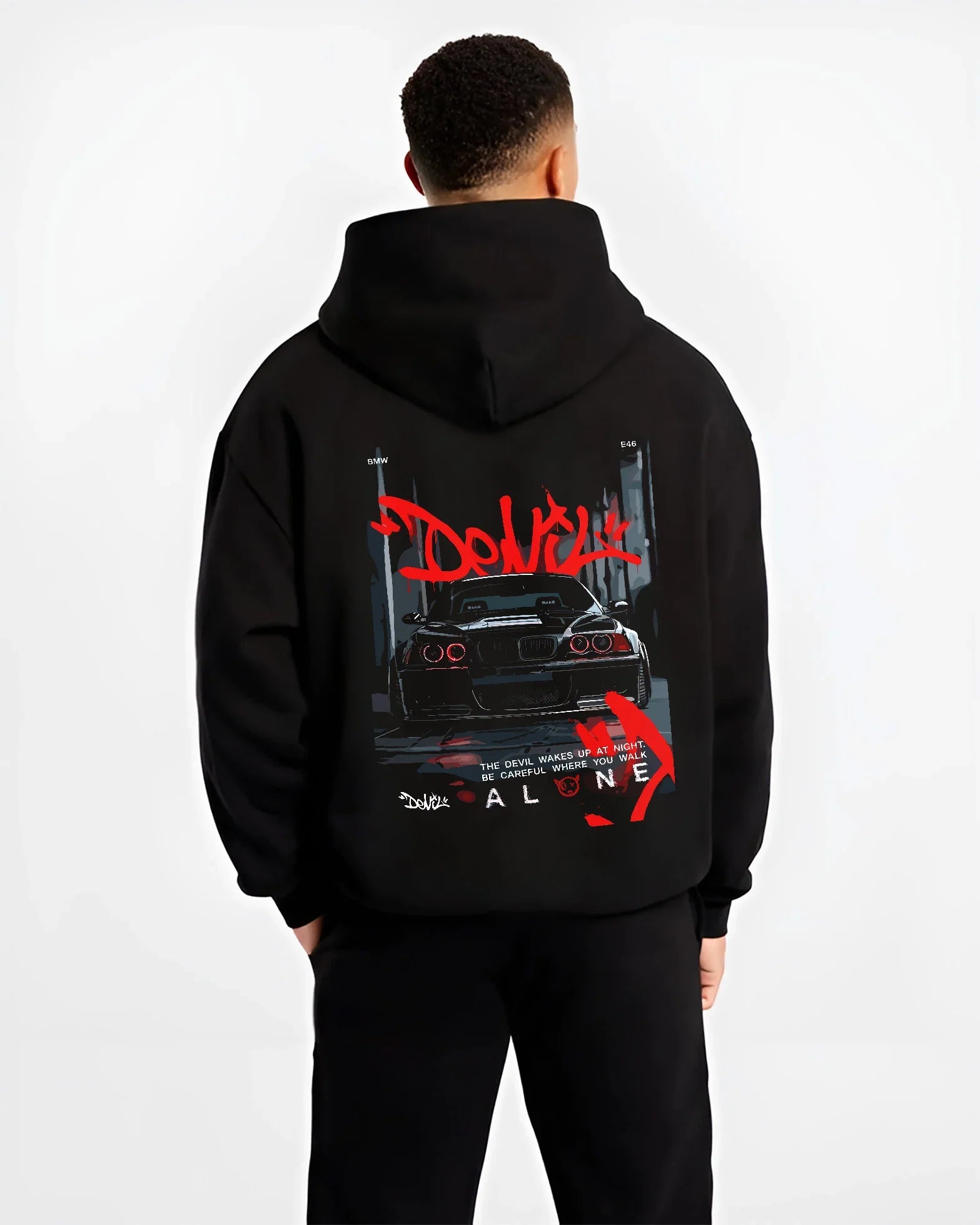Black hoodie worn by a male model, back view, featuring BMW rs turbo racing drift motorsport euro german street retro e28cls.
