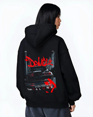 Black hoodie worn by a female model, back view, featuring BMW rs turbo racing drift motorsport euro german street retro e28cls.