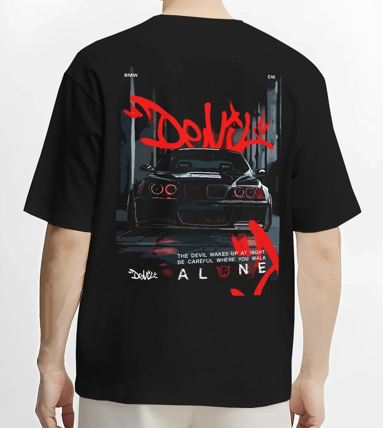 Black T-shirt worn by a male model, back view, featuring BMW rs turbo racing drift motorsport euro german street retro e28cls.