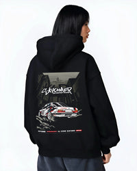 Black hoodie worn by a female model, back view, featuring BMW rs turbo racing drift motorsport euro german street retro e28s5r.