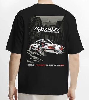 Black T-shirt worn by a male model, back view, featuring BMW rs turbo racing drift motorsport euro german street retro e28s5r.