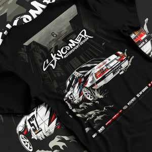 Black T-shirt laid flat with natural fabric folds, featuring BMW rs turbo racing drift motorsport euro german street retro e28s5r.