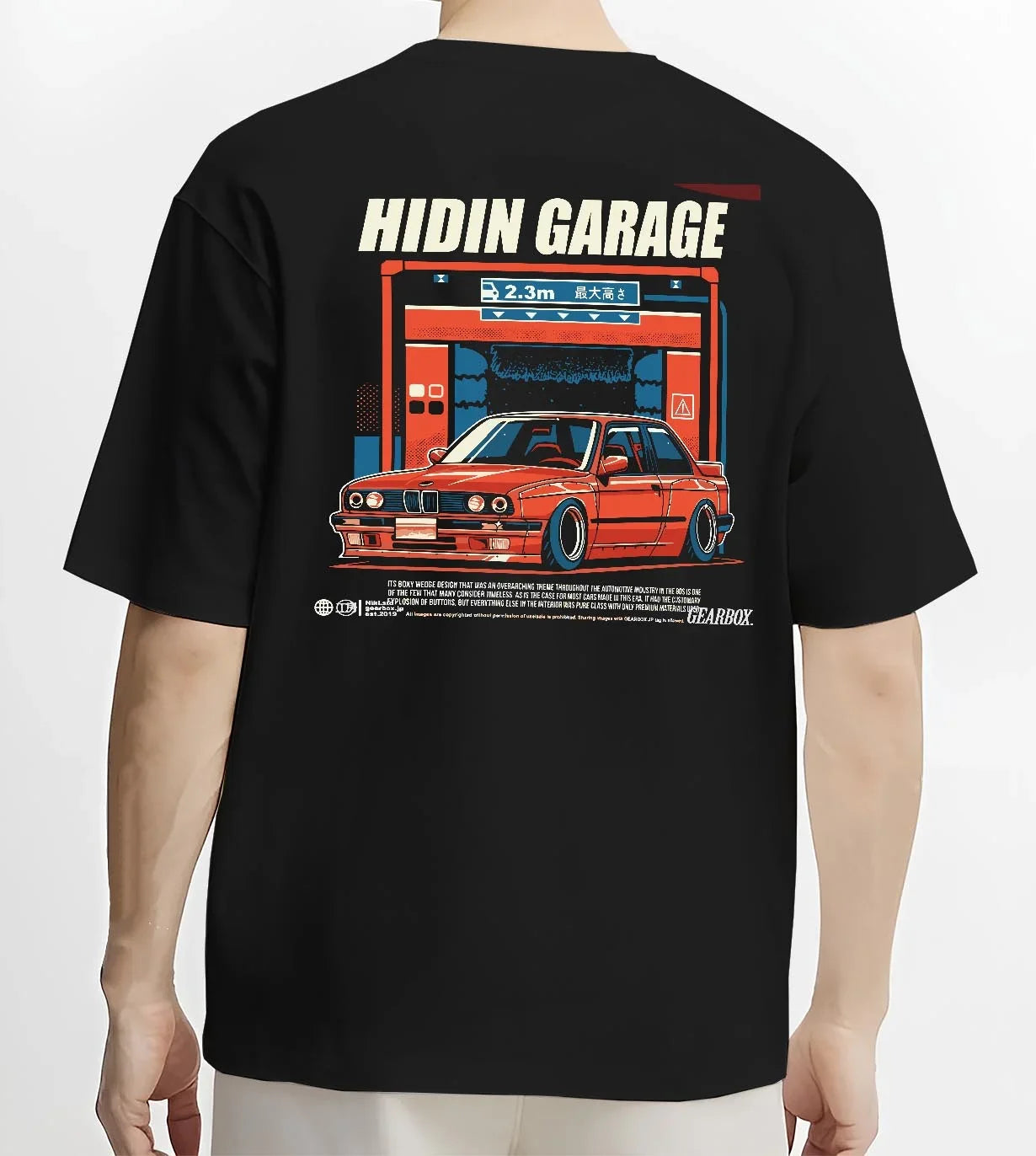Black T-shirt worn by a male model, back view, featuring BMW E30 racing drift jdm euro street retro classic graphic.