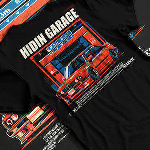Black T-shirt laid flat with natural fabric folds, featuring BMW E30 racing drift jdm euro street retro classic graphic.