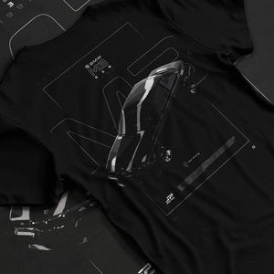 Black T-shirt laid flat with natural fabric folds, featuring BMW rs turbo racing drift motorsport german street retro graphic.