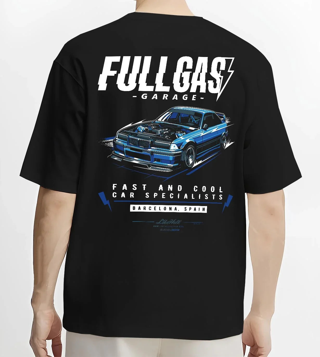 Black T-shirt worn by a male model, back view, featuring BMW E36 rs racing drift motorsport jdm euro tuner street retro graphic.