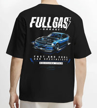 Black T-shirt worn by a male model, back view, featuring BMW E36 rs racing drift motorsport jdm euro tuner street retro graphic.