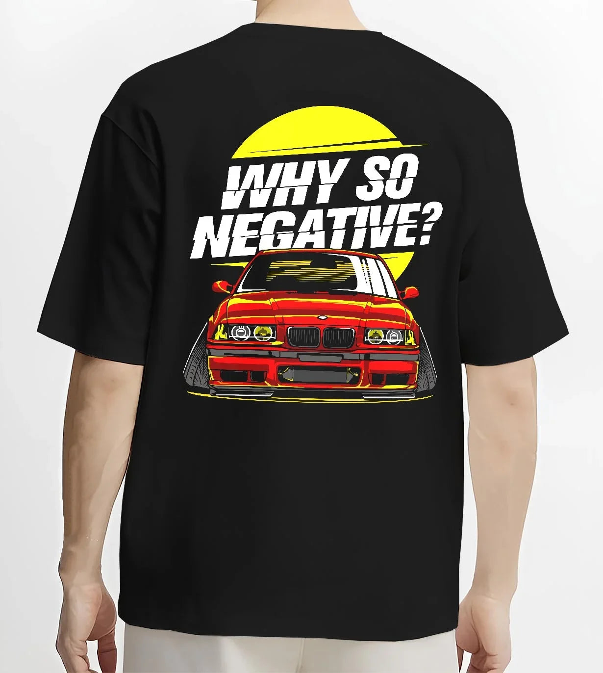 Black T-shirt worn by a male model, back view, featuring BMW rs turbo racing drift motorsport euro german street classic graphic.