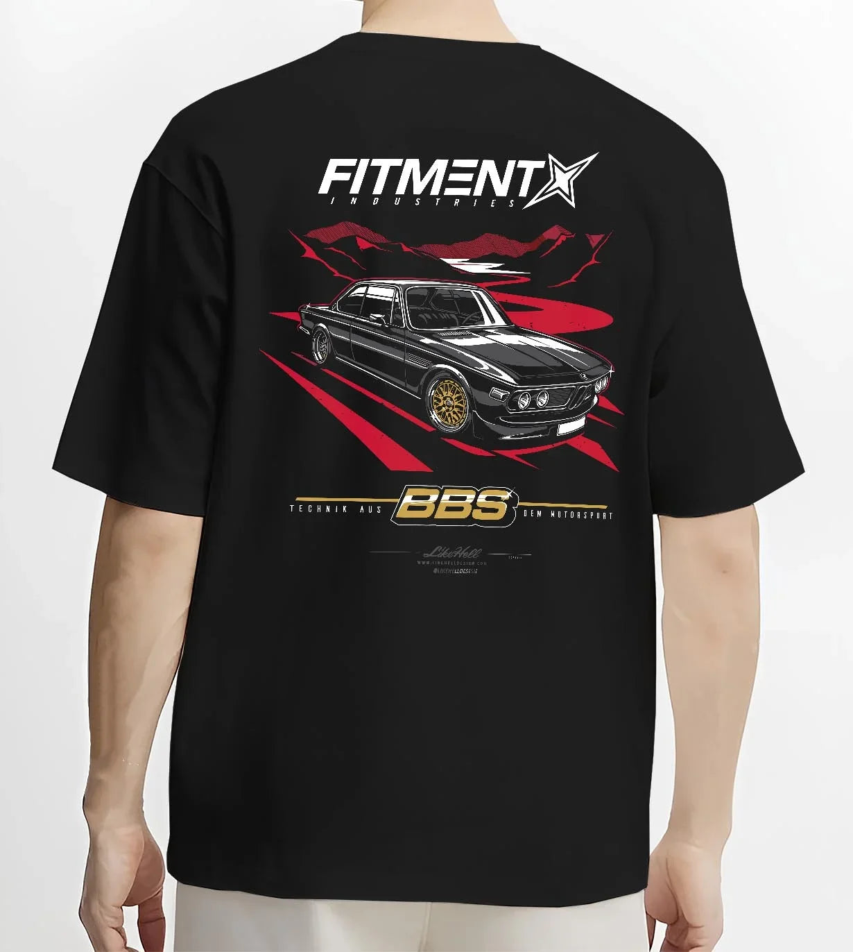 Black T-shirt worn by a male model, back view, featuring BMW rs turbo ls racing motorsport euro street retro classic graphic.