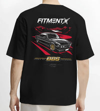 Black T-shirt worn by a male model, back view, featuring BMW rs turbo ls racing motorsport euro street retro classic graphic.