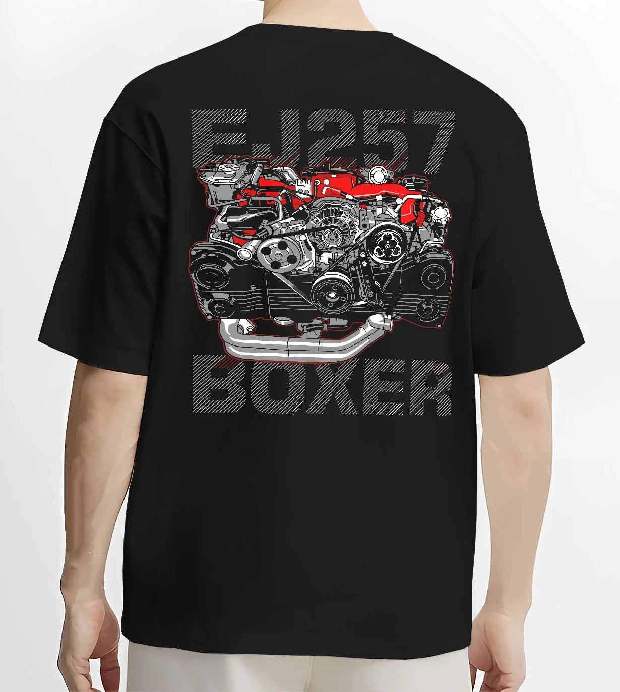 Black T-shirt worn by a male model, back view, featuring Subaru turbo turbocharged racing rally jdm japanese tuner power graphic.