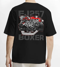 Black T-shirt worn by a male model, back view, featuring Subaru turbo turbocharged racing rally jdm japanese tuner power graphic.