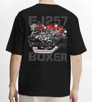 Black T-shirt worn by a male model, back view, featuring Subaru turbo turbocharged racing rally jdm japanese tuner power graphic.