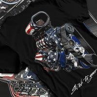 Black T-shirt laid flat with natural fabric folds, featuring v8 american muscle retro classic enthusiast racing street graphic.