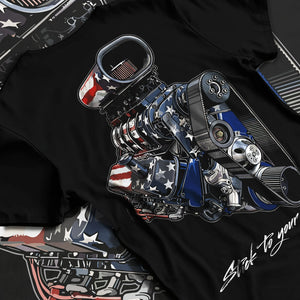 Black T-shirt laid flat with natural fabric folds, featuring v8 american muscle retro classic enthusiast racing street graphic.