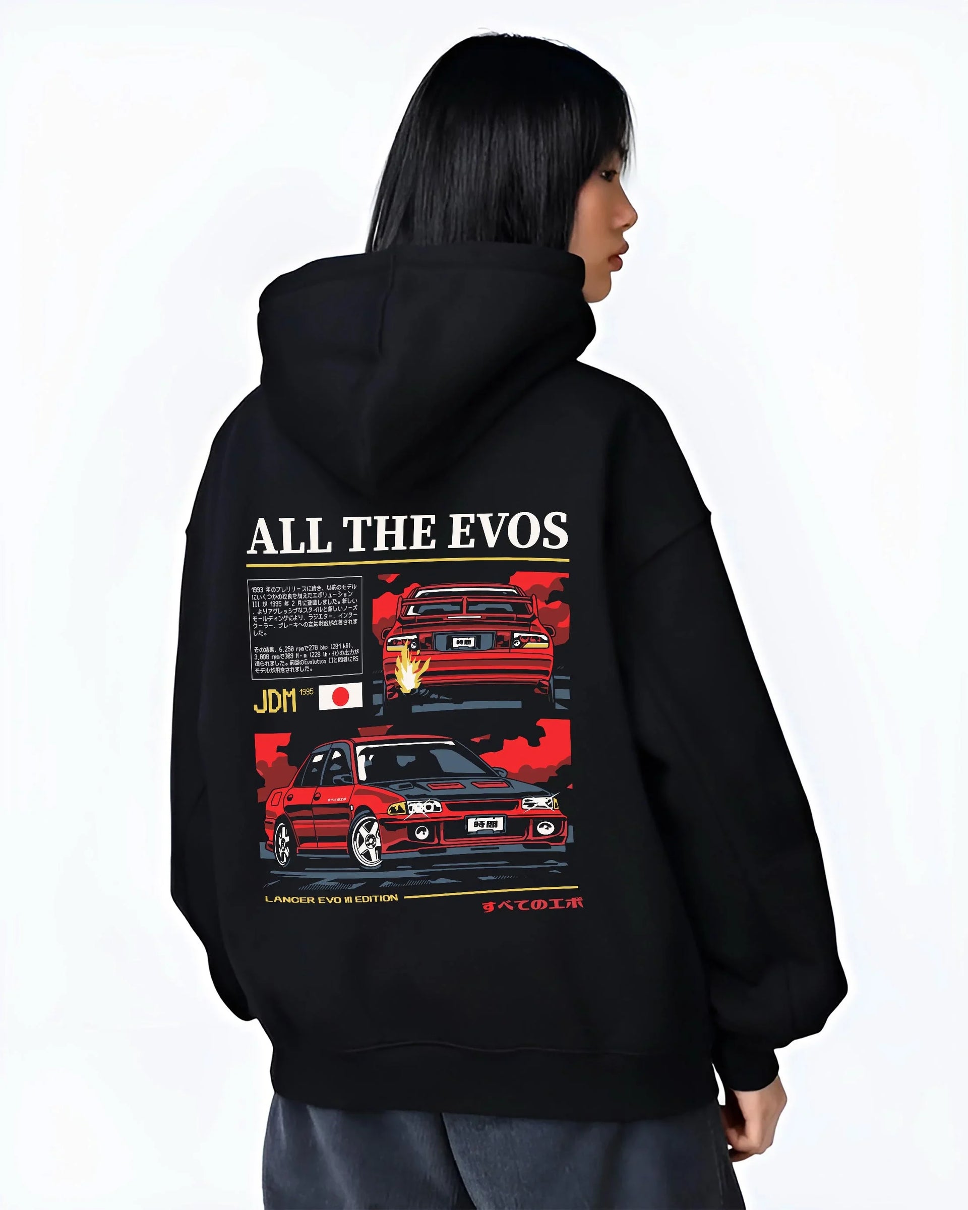 Black hoodie worn by a female model, back view, featuring Mitsubishi Lancer Evo III evo lancer turbo jdm legend racing graphic.