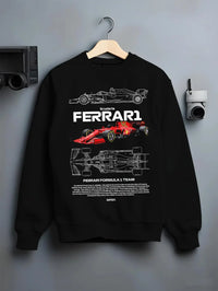 Black crewneck sweatshirt on a hanger against a grey wall, featuring Ferrari rs racing f1 formula motorsport speed street graphic.