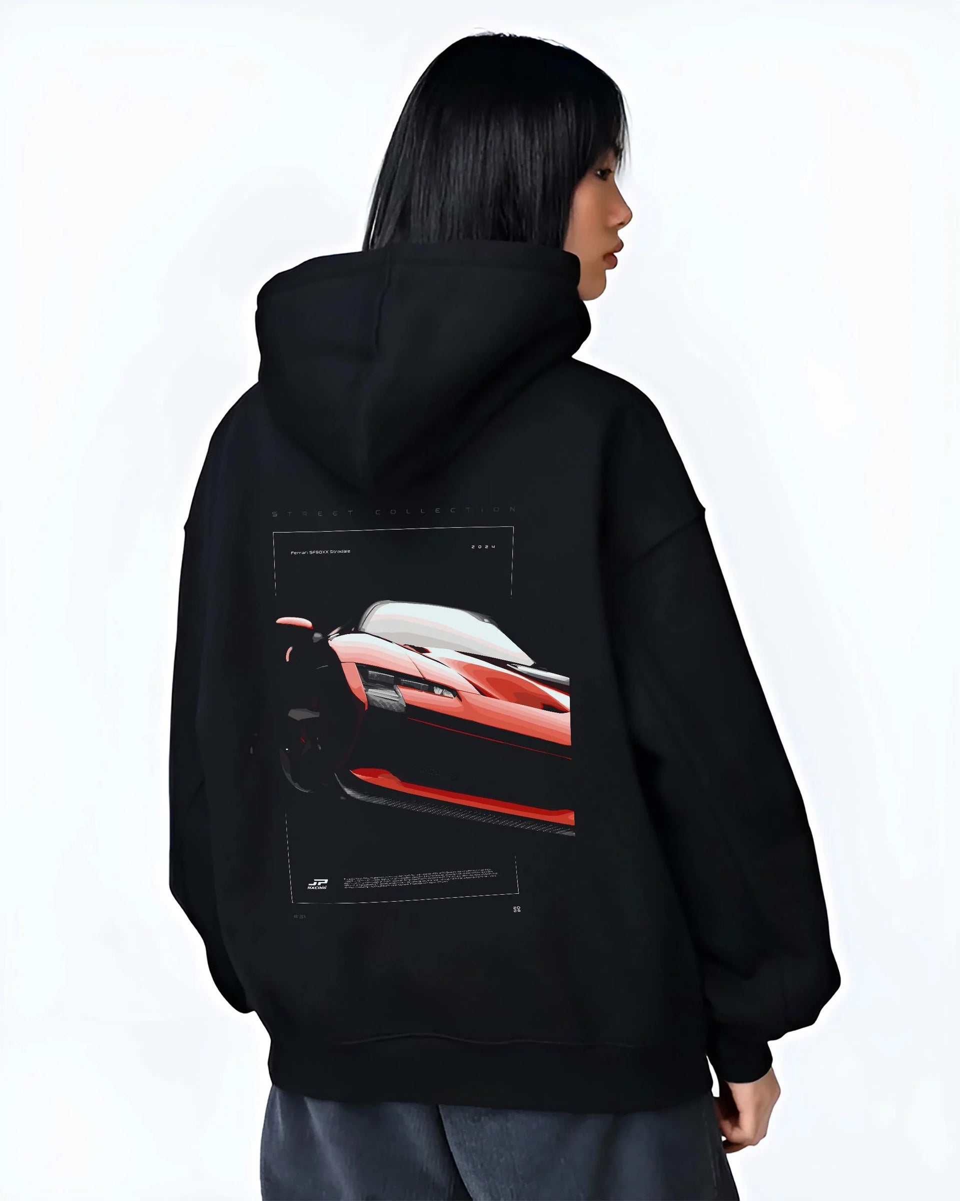 Black hoodie worn by a female model, back view, featuring Ferrari SF90 racing street performance motorsport automotive graphic.