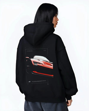 Black hoodie worn by a female model, back view, featuring Ferrari SF90 racing street performance motorsport automotive graphic.