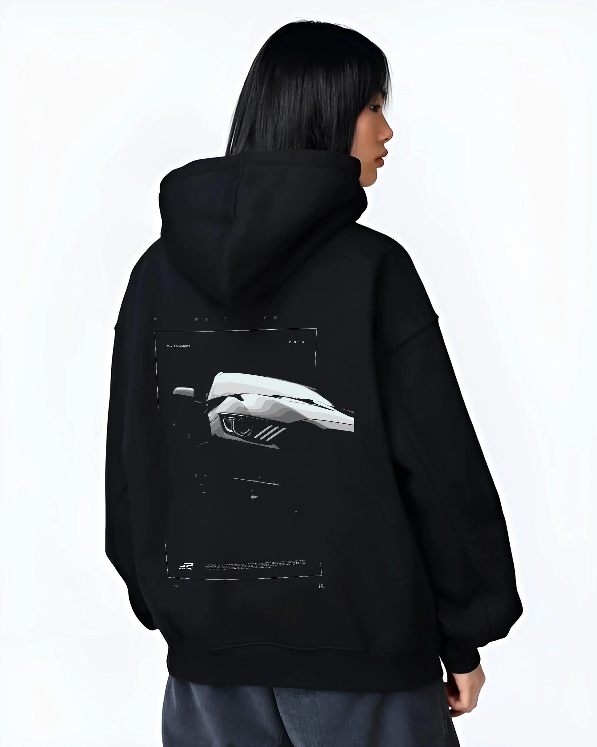 Black hoodie worn by a female model, back view, featuring Ford Mustang rs racing muscle street retro performance graphic.