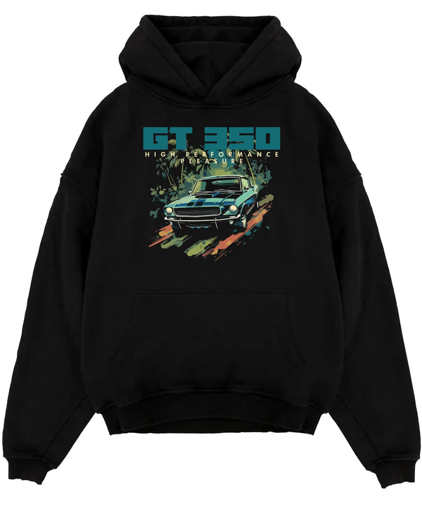 Black pullover hoodie laid flat on a white background, featuring Ford Mustang street retro classic enthusiast racing graphic.