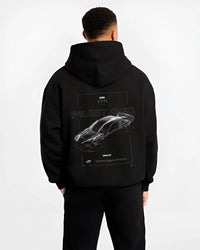 Black hoodie worn by a male model, back view, featuring Ford Mustang rs muscle street classic racing performance graphic.