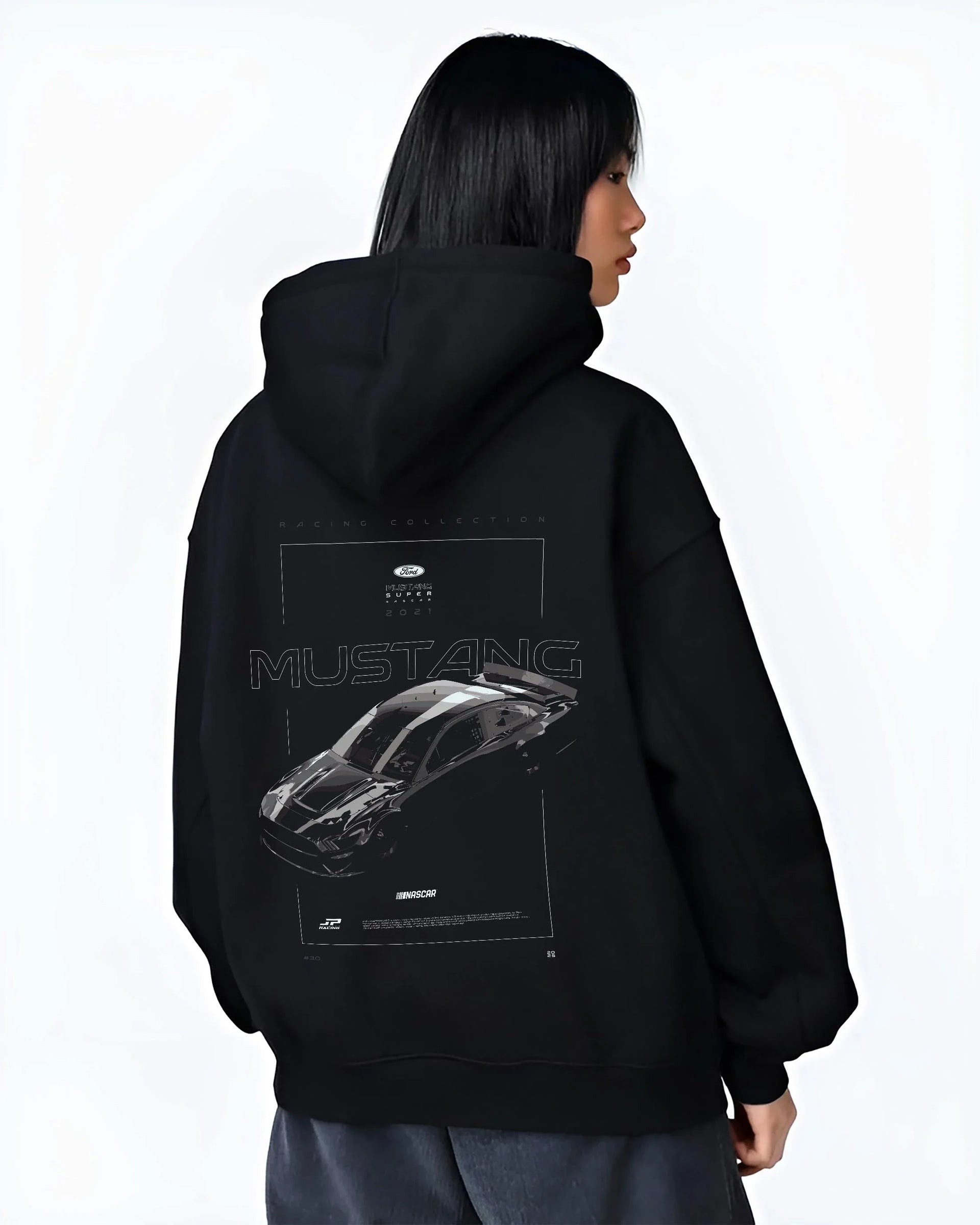 Black hoodie worn by a female model, back view, featuring Ford Mustang rs muscle street classic racing performance graphic.