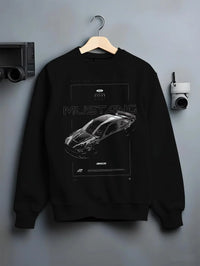 Black crewneck sweatshirt on a hanger against a grey wall, featuring Ford Mustang rs muscle street classic racing graphic.