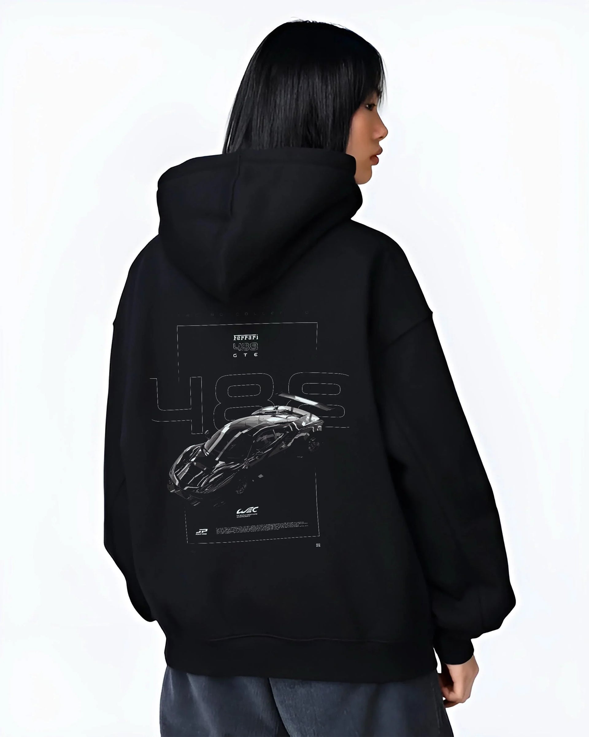Black hoodie worn by a female model, back view, featuring Ferrari 488 rs racing motorsport retro street performance graphic.
