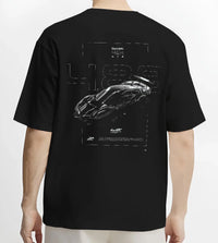 Black T-shirt worn by a male model, back view, featuring Ferrari 488 rs racing motorsport retro street performance graphic.