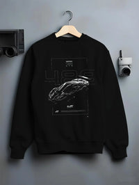 Black crewneck sweatshirt on a hanger against a grey wall, featuring Ferrari 488 rs racing motorsport retro street graphic.