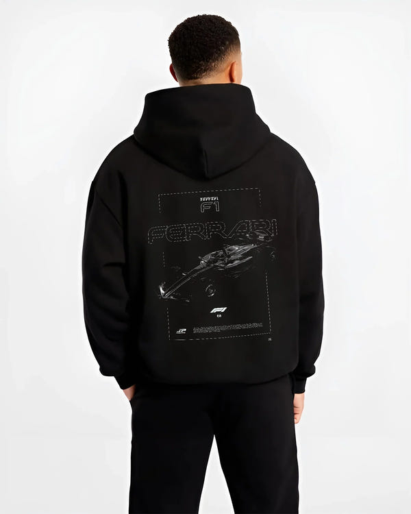 Black hoodie worn by a male model, back view, featuring Ferrari rs racing f1 formula motorsport street performance graphic.