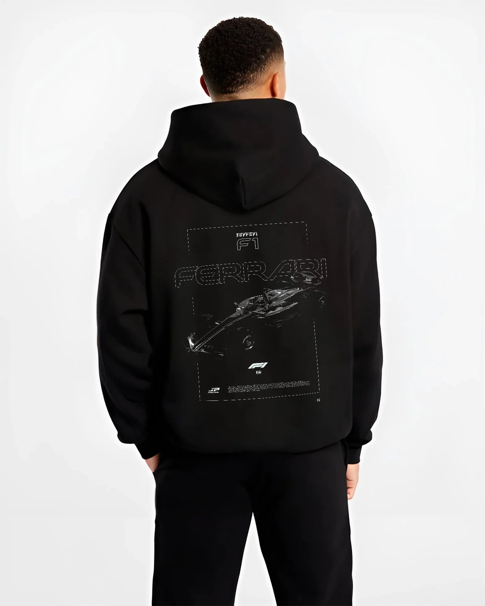 Black hoodie worn by a male model, back view, featuring Ferrari rs racing f1 formula motorsport street performance graphic.