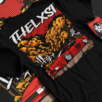 Black T-shirt laid flat with natural fabric folds, featuring Ferrari rs racing italian power street performance motorsport graphic.