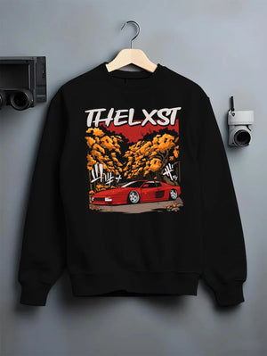 Black crewneck sweatshirt on a hanger against a grey wall, featuring Ferrari rs racing italian power street performance graphic.