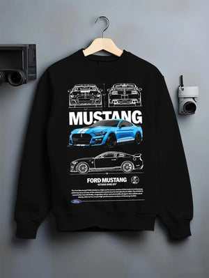 Black crewneck sweatshirt on a hanger against a grey wall, featuring Ford Mustang rs racing muscle street enthusiast graphic.