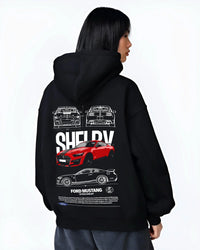 Black hoodie worn by a female model, back view, featuring Ford Mustang rs racing muscle street power show graphic.