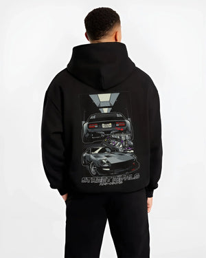 Black hoodie worn by a male model, back view, featuring Ford MUSTANG rs racing muscle retro classic street graphic.