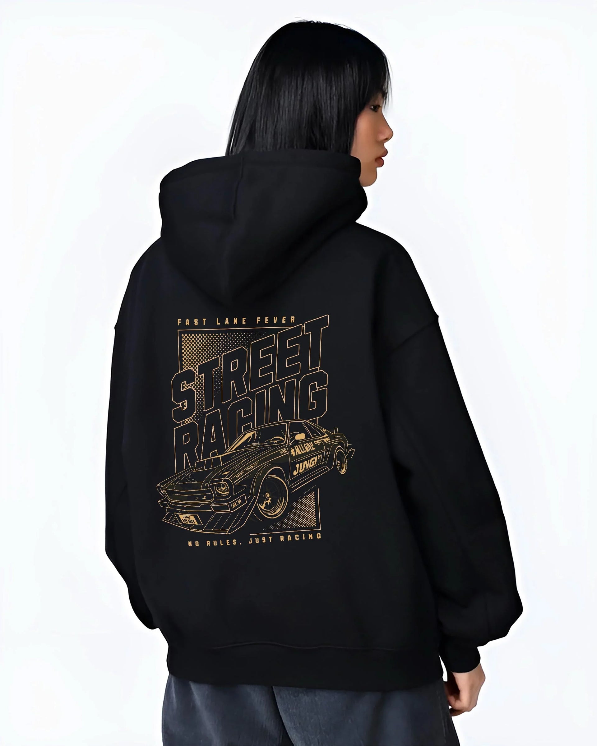 Black hoodie worn by a female model, back view, featuring rs racing motorsport tuner street retro performance automotive graphic.