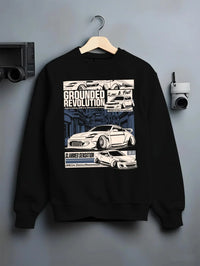Black crewneck sweatshirt on a hanger against a grey wall, featuring EVO drift jdm japanese stance slammed street racing graphic.